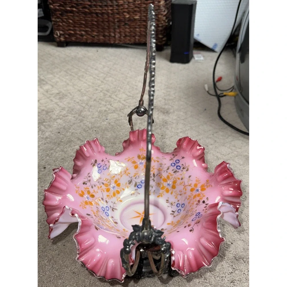 Victorian Pink Cranberry Bride's Basket | E.G Webster Quadruple Silverplate 1880